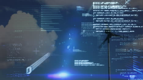 animación del procesamiento de datos y rastros de luz sobre la turbina eólica y el cielo con nubes