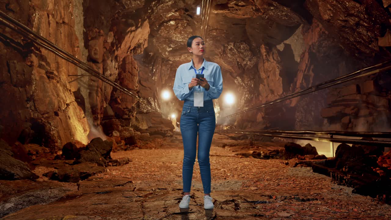 Full Body Of Asian Female Worker With Her Smarphone In Underground Mine Tunnel, She Observes By Looking Around Before She Come To Concentrating With Her Smarphone