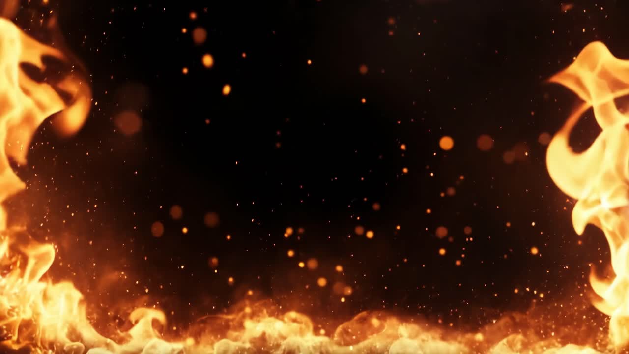 Dynamic video background featuring flames and sparks against a dark backdrop