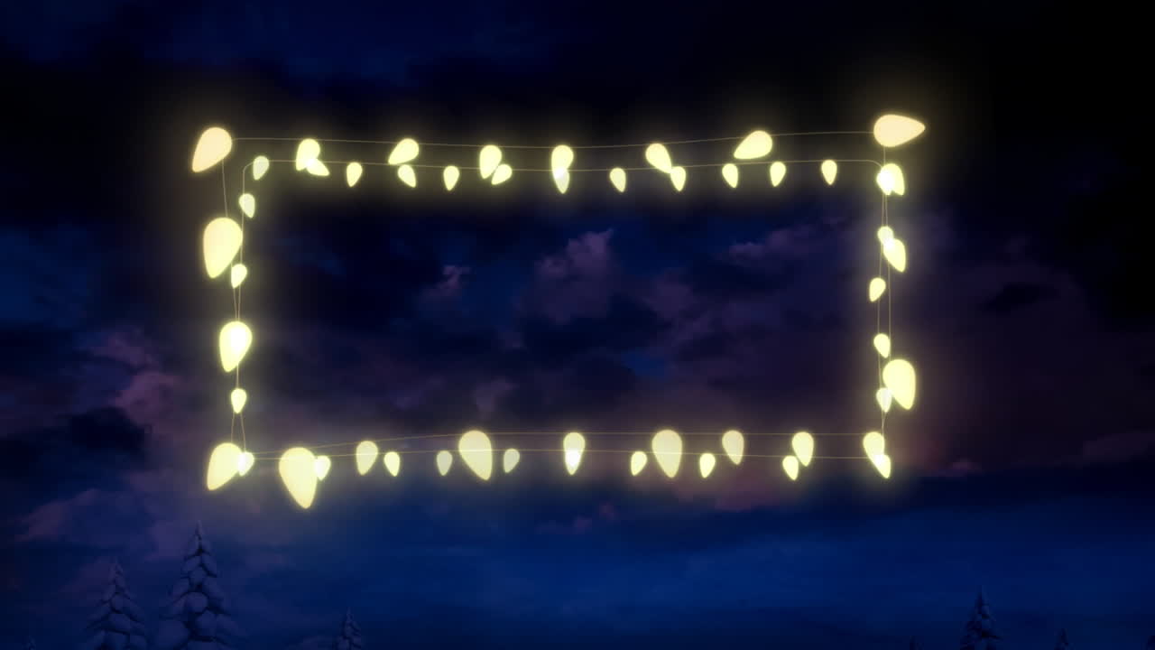 Animation of fairy light frame with copy space over fir trees and winter scenery
