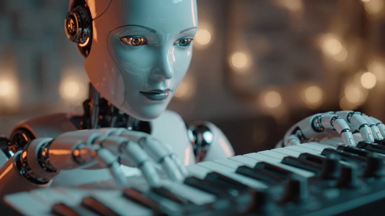 Un robot futuristico che suona una tastiera sintetizzatore con graziosa precisione, mostrando l'intersezione tra tecnologia e musica in un ambiente incantevole