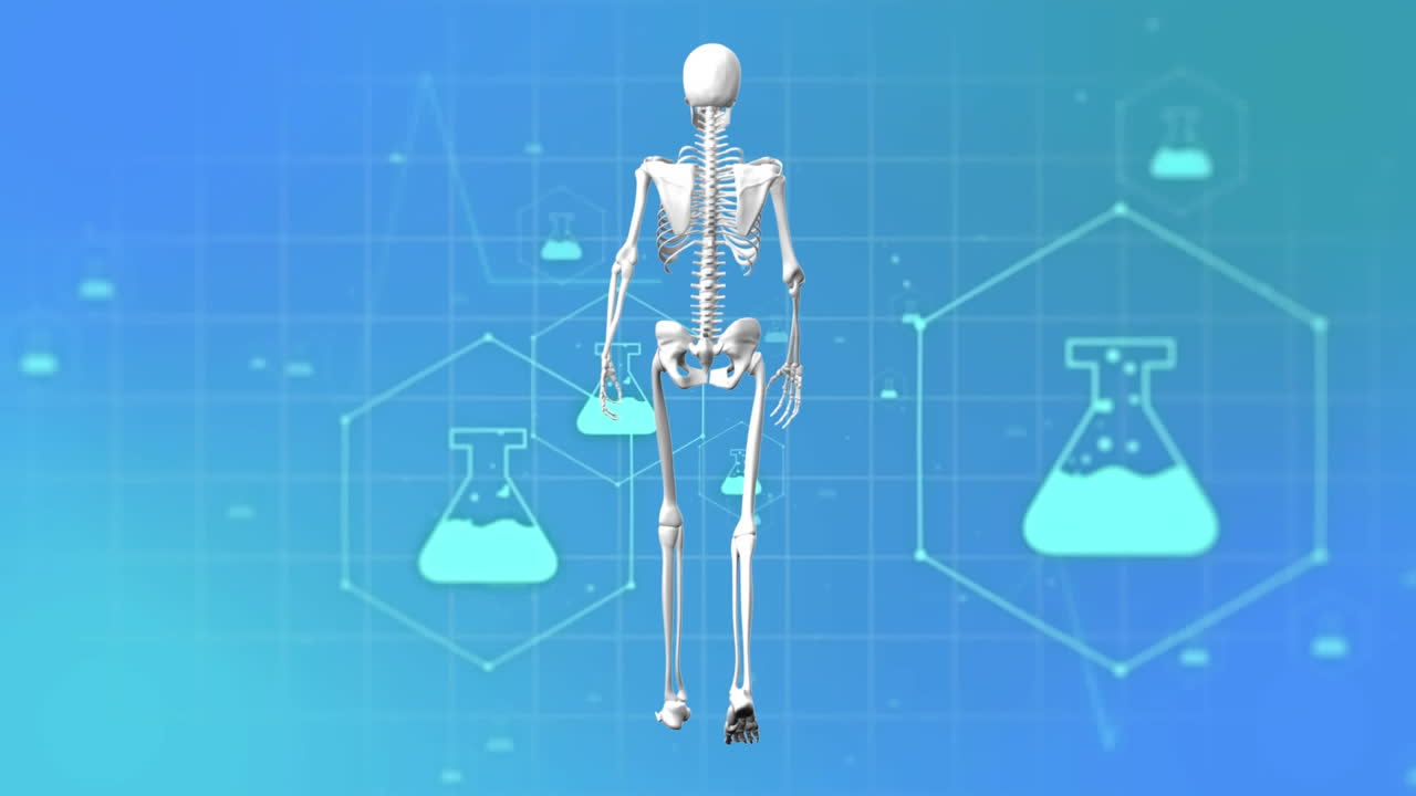 푸른 바탕에 걸어가는 의료 아이콘과 골격의 애니메이션