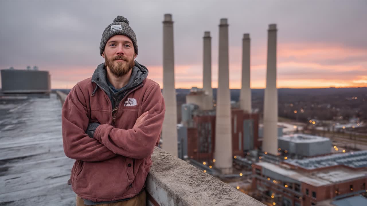Un uomo sta in piedi con sicurezza su un tetto al tramonto, con vista su un drammatico paesaggio industriale con imponenti ciminiere stagliate contro un vibrante cielo al tramonto.