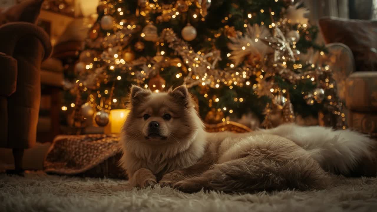 Hearing faint sound, dog lifting head, tilting on plush rug at home, with lit Christmas tree