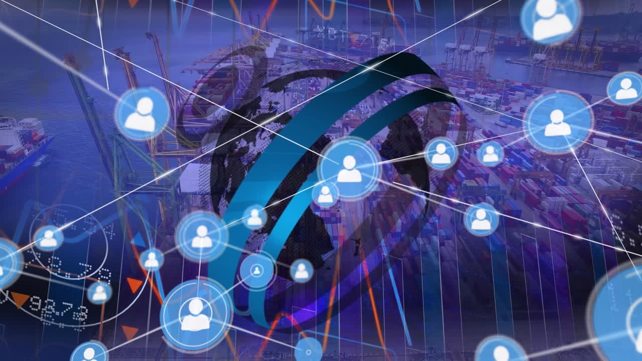 포트 오버 아이콘으로 연결된 글로브와 네트워크의 애니메이션