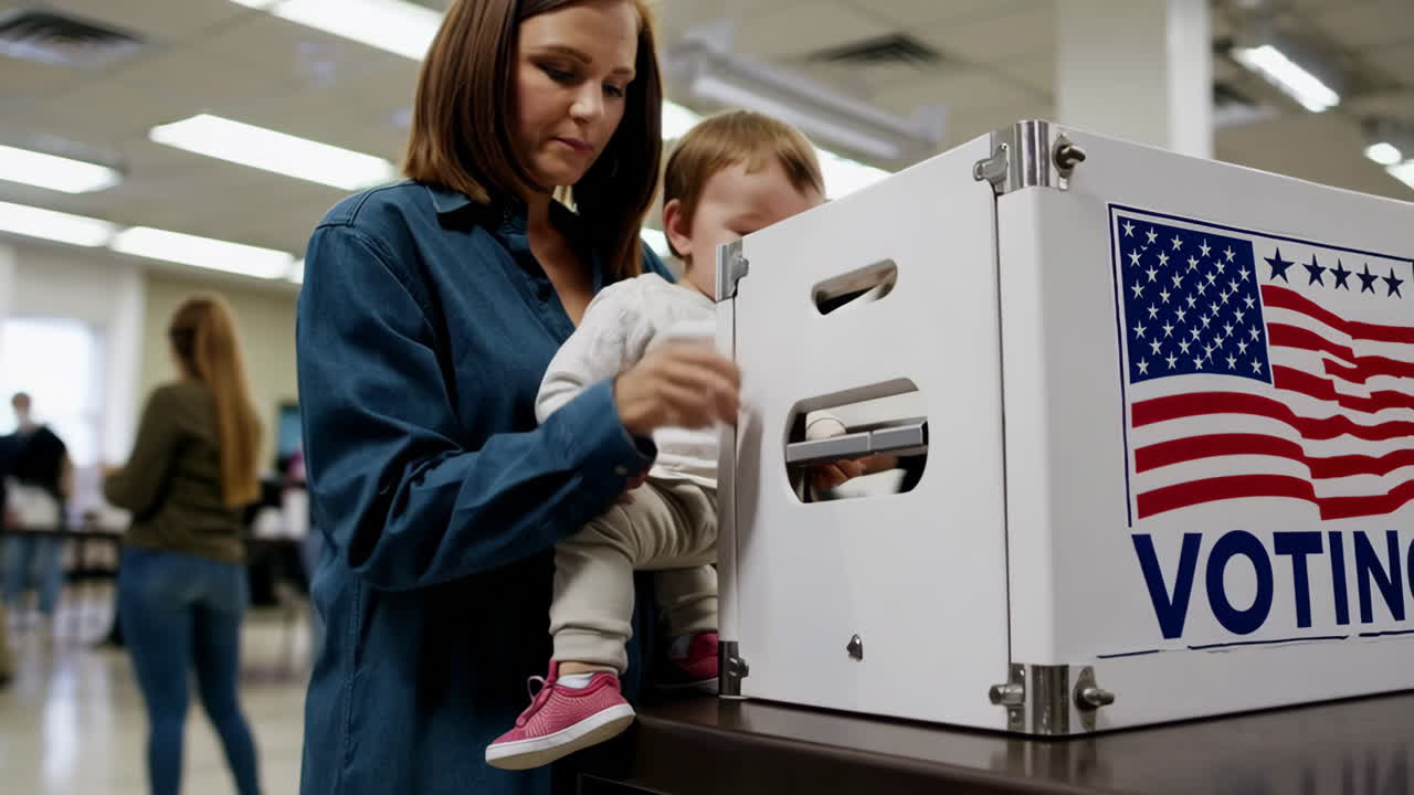 Mother and child at a voting booth during an election
