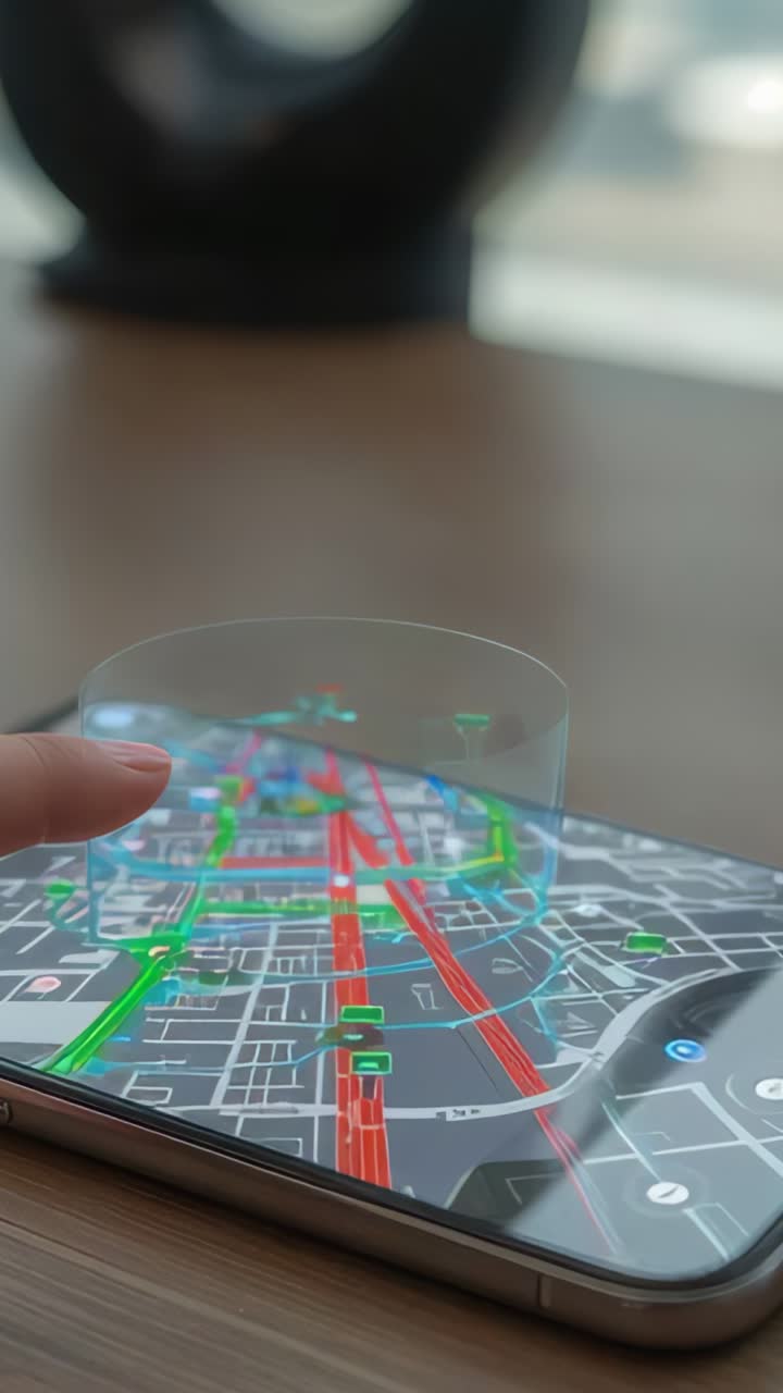 Vertical video: Pinching user hand tilting AR panel above smartphone at desk highlighting grid area