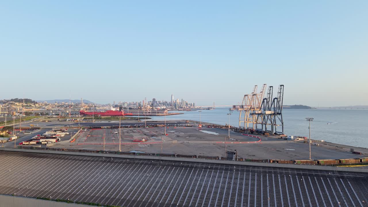 A static aerial shot of the cranes in the India Basin neighborhood of San Francisco.