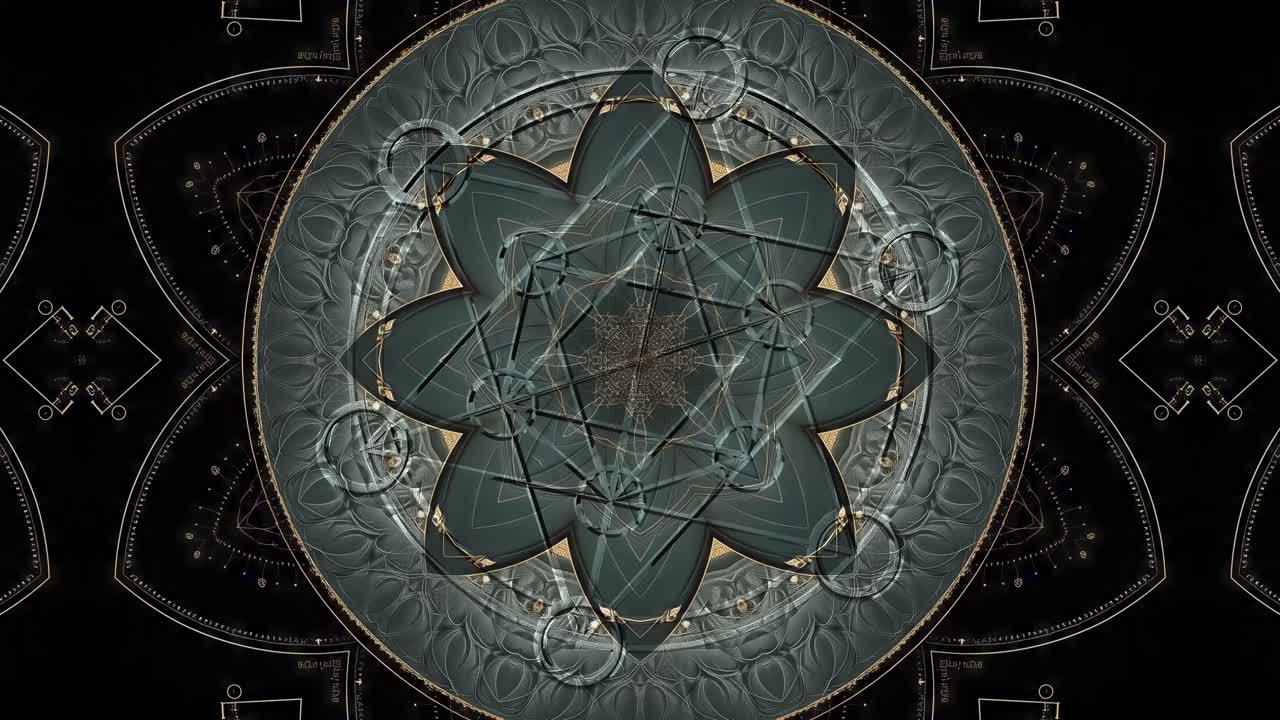 An ornate, antique-gold fractal mandala centered on an elemental Metatron’s Cube with concentric rings. This seamless 4K60 loop suits VJ sets, projection mapping, meditation, and premium stage visuals