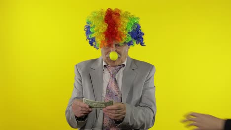 Clown-businessman-freelancer-in-wig-holds-one-buck-money-income-and-loses-it