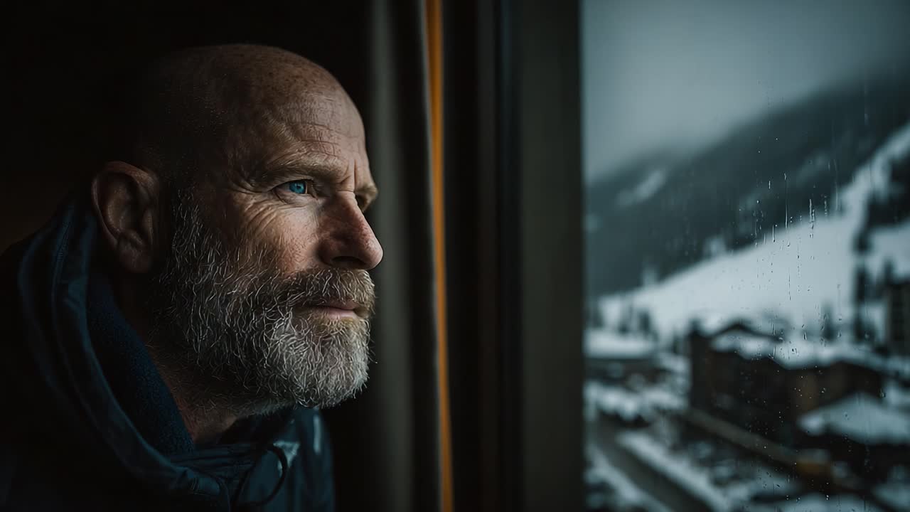 Un uomo contemplativo guarda fuori da una finestra mentre la neve cade dolcemente all'esterno, perso nei pensieri in un sereno paesaggio invernale pieno di riflessi silenziosi