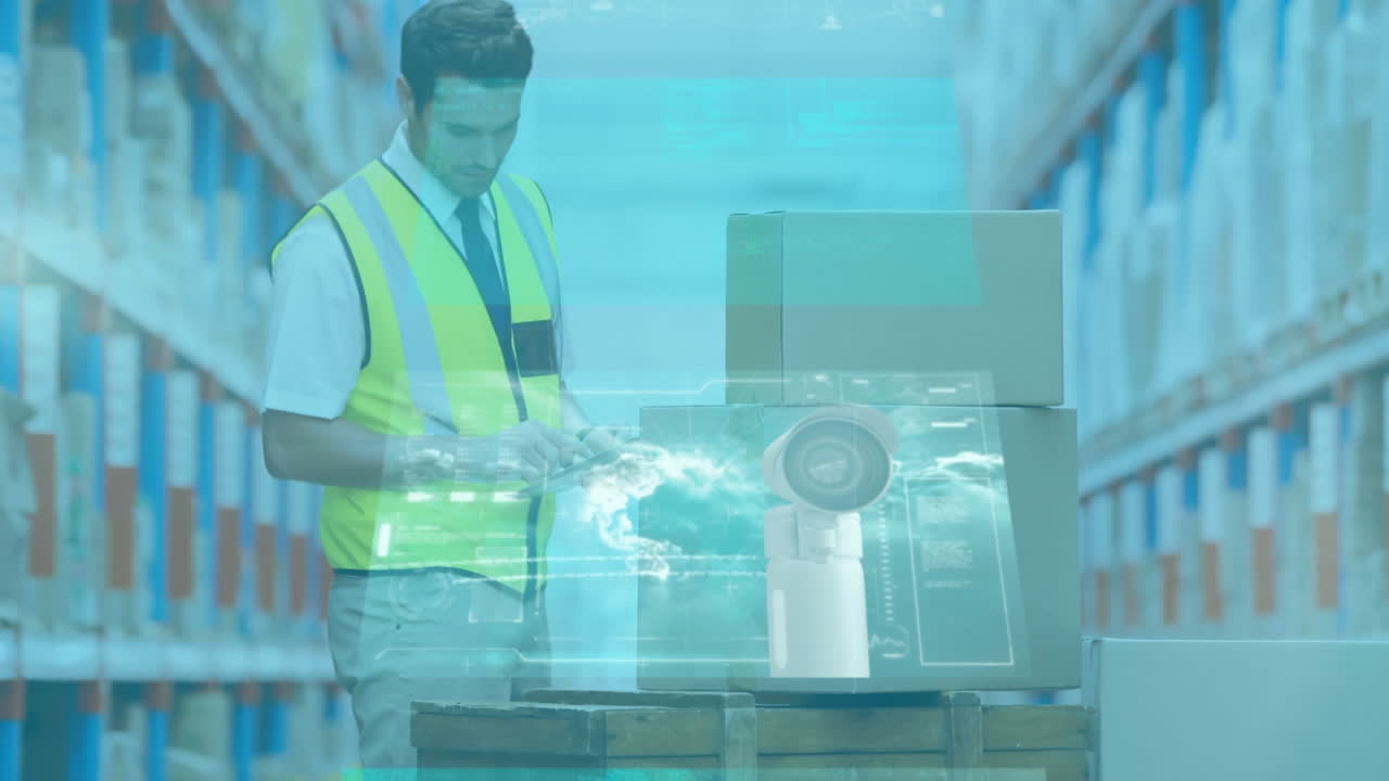 pantallas con procesamiento de datos contra un supervisor masculino con tableta digital comprobando el stock en el almacén