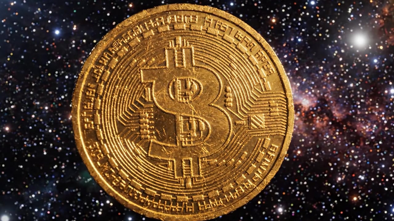 Un glorioso viaggio attraverso il cosmo: La moneta Bitcoin che fluttua in un universo vasto e bellissimo, catturando l'essenza della valuta digitale e della meraviglia cosmica.