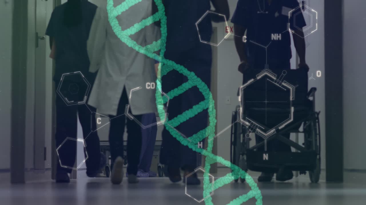병원에서 일하는 다양한 의사들에 대한 dna 줄무와 화학 공식의 애니메이션
