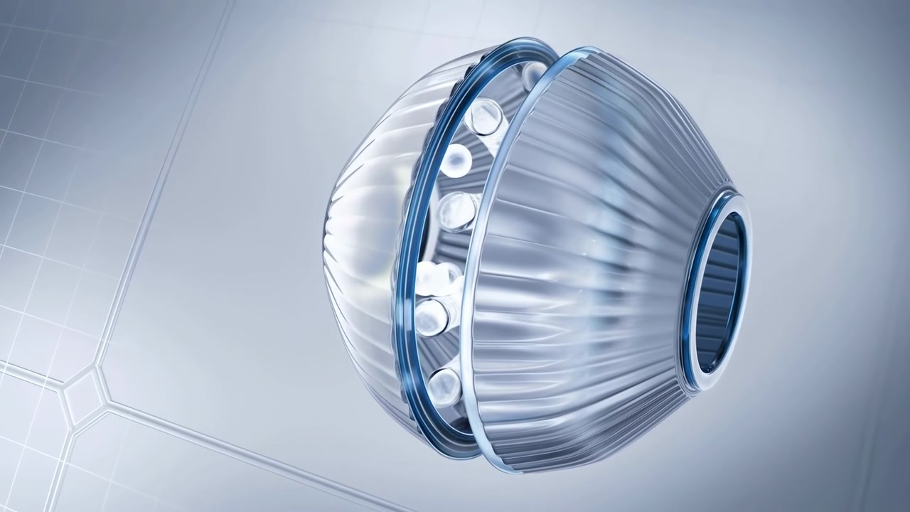 Una sfera metallica lucida con un centro aperto e rulli interni visibili si trova sul lato destro di uno sfondo astratto grigio chiaro e pulito, illuminata con una luce morbida.