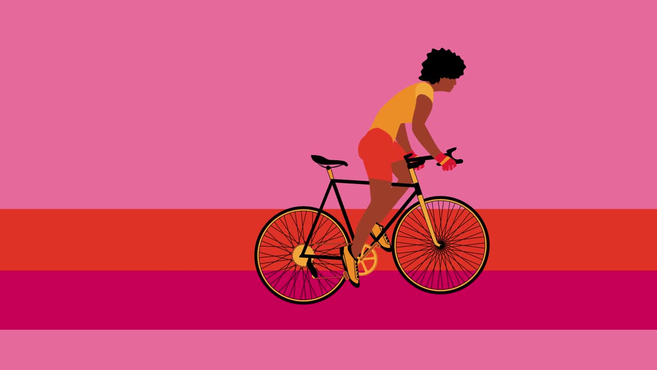 African American cyclist is riding bicycle on the pink background.Cartoon animation, flat design, loop 4k