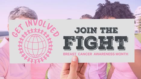 animation of globe logo with breast cancer text over diverse group of women