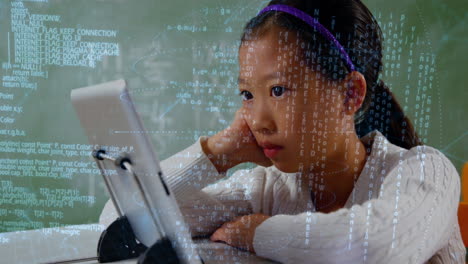 programming code animation over young girl using tablet at desk