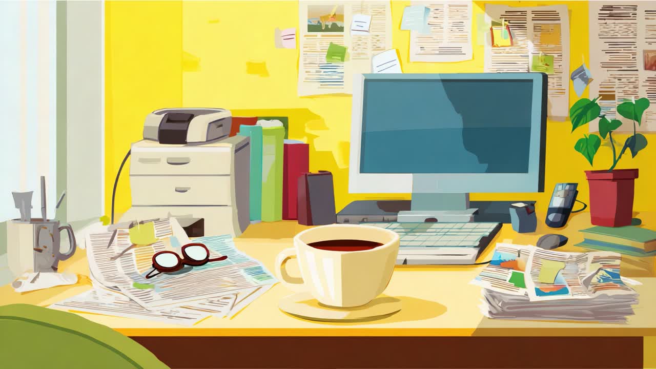 A Cozy Workspace: An Organized Desk with a Cup of Coffee, Computer, and Office Supplies Surrounded by Papers and Greenery, Perfect for Inspiration and Productivity