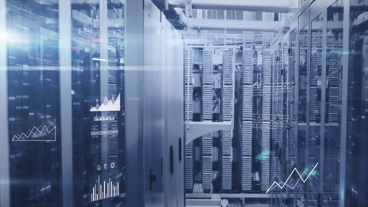 Animation of data processing and mosaic sqaures against computer server room