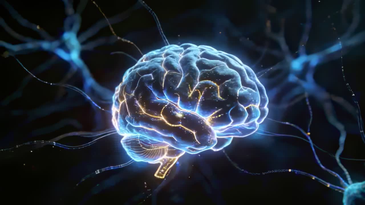 Appearing golden pulses sparking stylized brain pulsing pathways in ...
