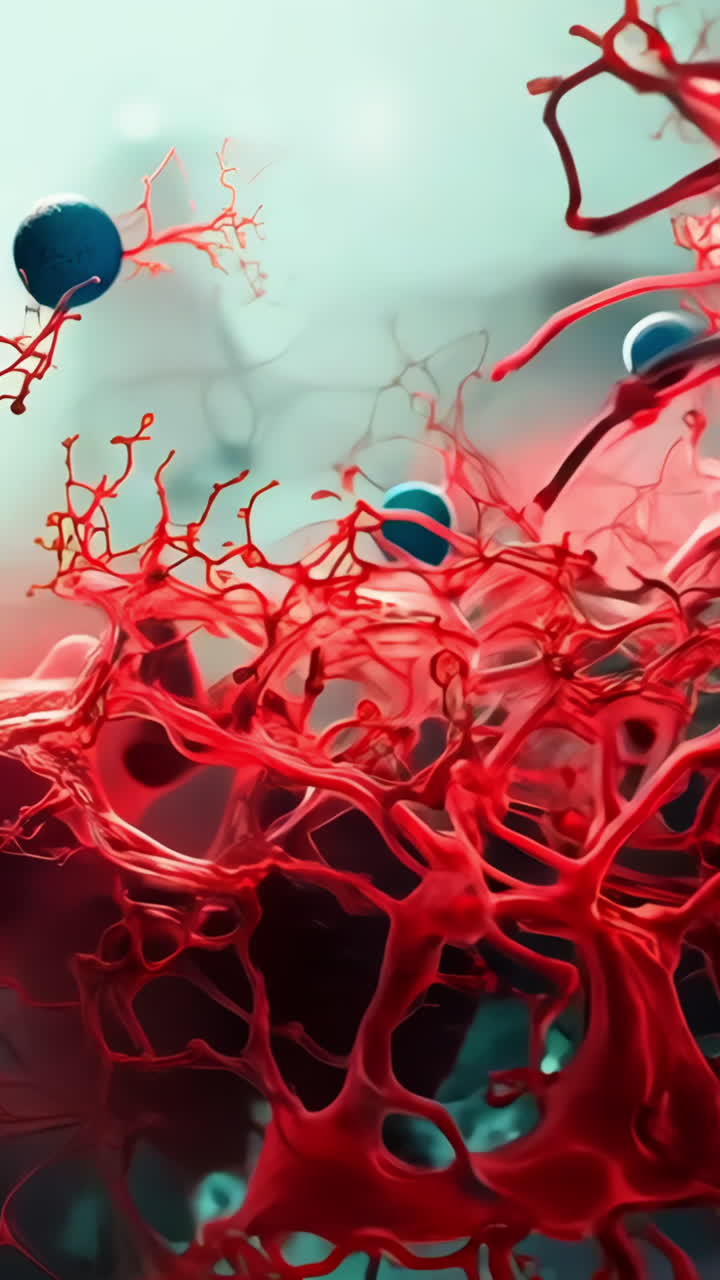 A close up of red and blue cells with a blue background. The red cells are clustered together and appear to be in a state of disarray