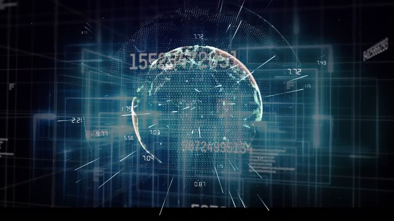 animación digital de múltiples números cambiantes contra rastros de luz sobre el globo giratorio