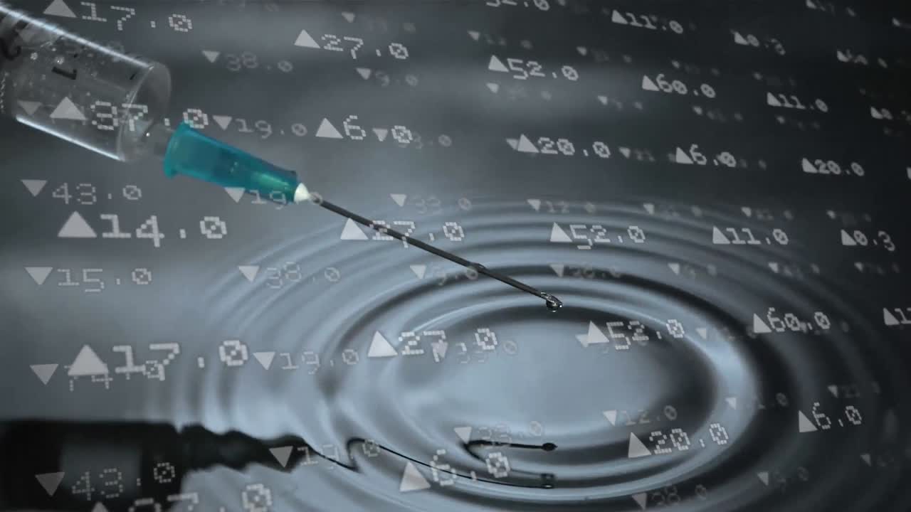 배경에는 금융 데이터 위에 바늘이 있는 주사기의 애니메이션이 있습니다.