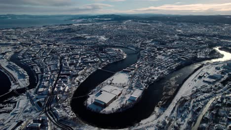 aerial view of trondheim city in norway with river bend