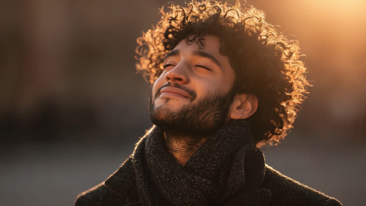 A Moment of Serenity: A Young Man Enjoys the Warm Embrace of Light and Nature, Exuding Calmness and Contentment in a Peaceful Atmosphere
