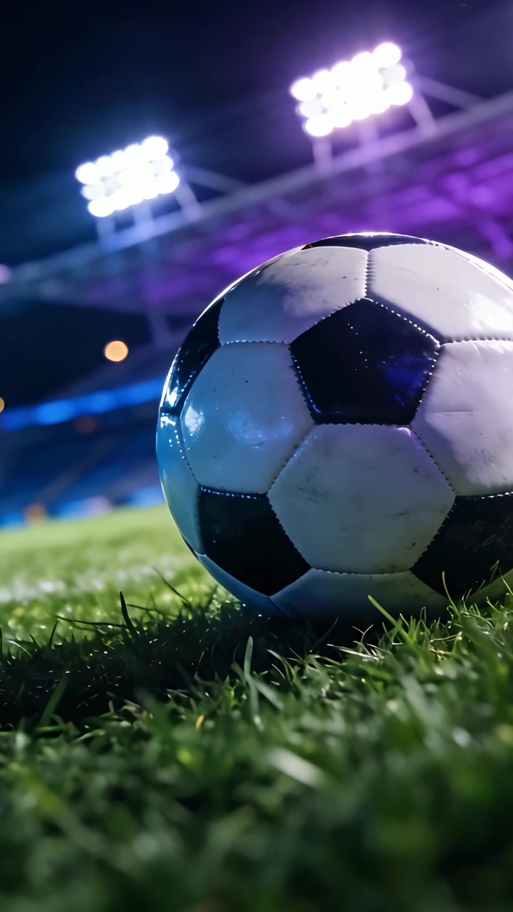 Dikey video: Işıklar altındaki sahada, başlama vuruşundan önce bekleyen siyah-beyaz futbol topu, metin alanı.