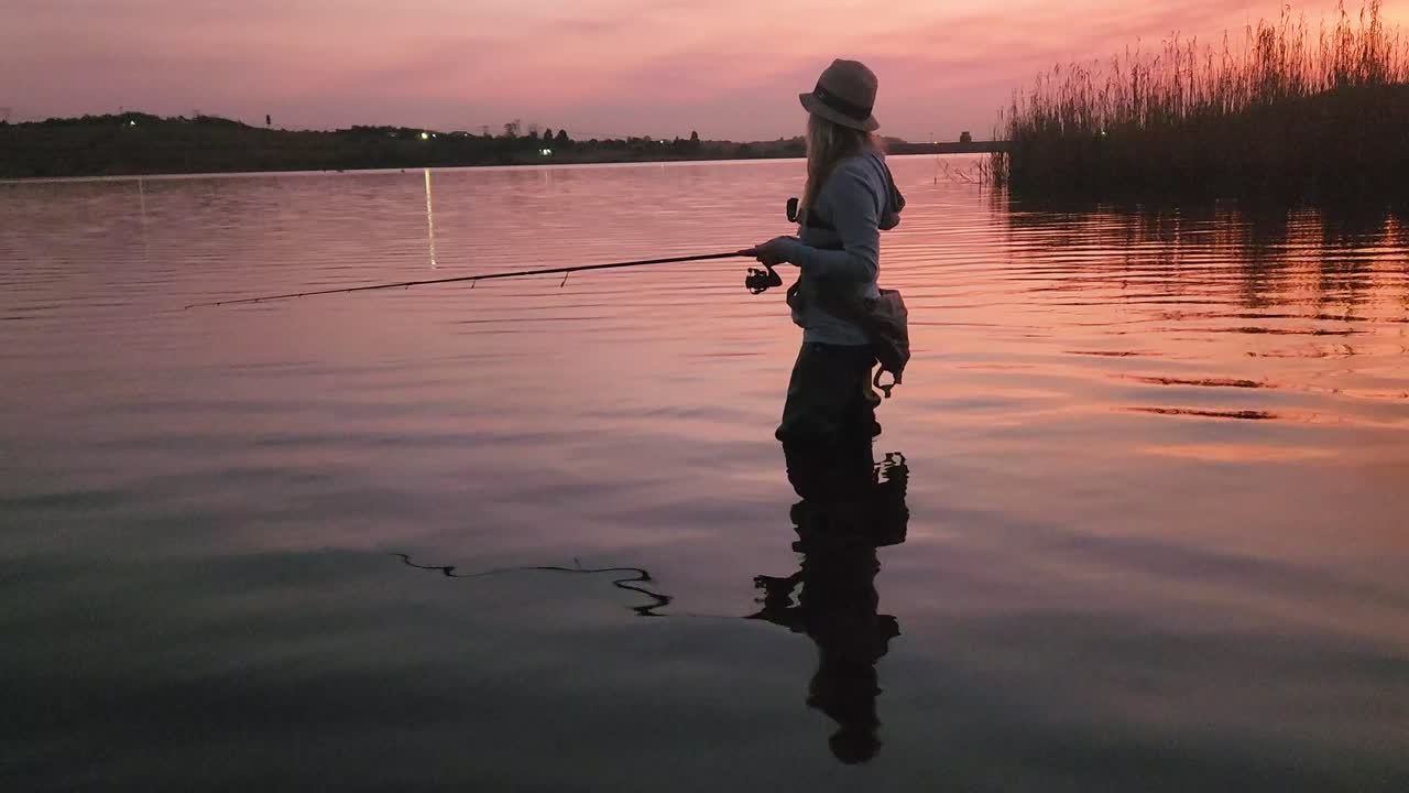 Seorang gadis cantik memancing di danau yang tenang setelah matahari terbenam