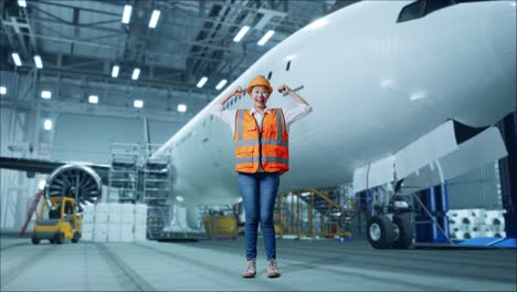 mecánico de aviones feliz en la instalación de mantenimiento
