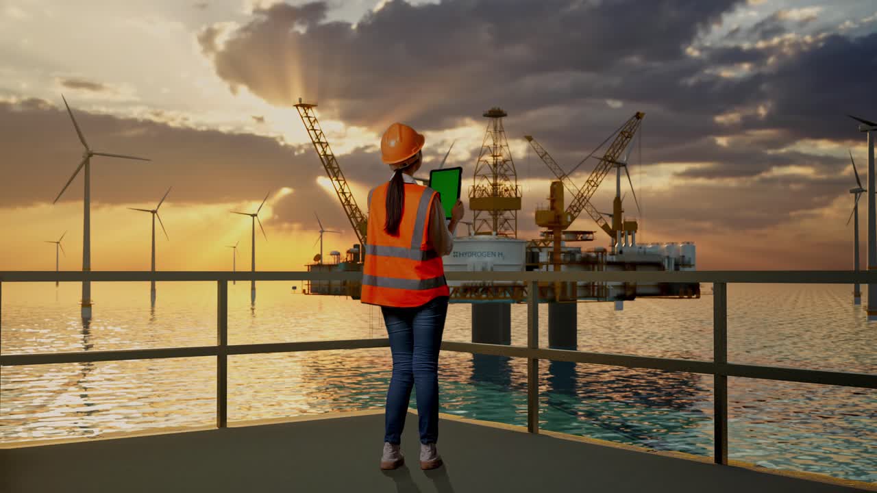 полный задний вид азиатской женщины-инженера с защитным шлемом, работающей на зеленом экране планшета и оглядывающейся с производством водорода