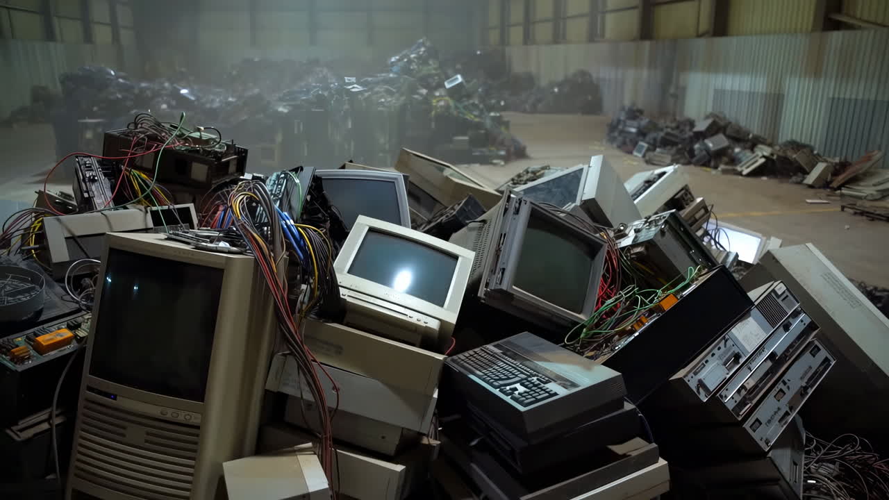 Large Pile of Obsolete Computer Monitors and Electronic Waste