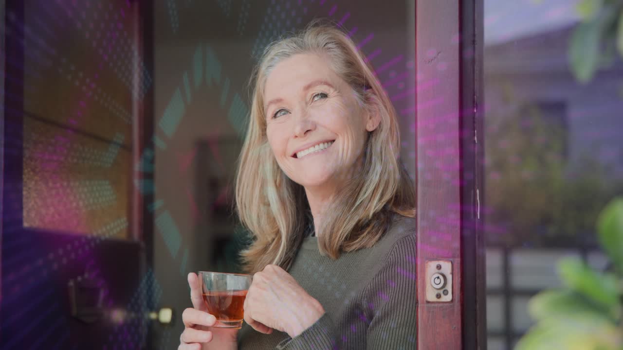 Mature woman in doorway, sipping teacup, shifting gaze upward and smiling while seeking calm home