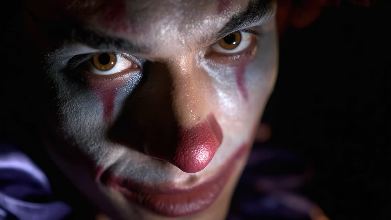Primo piano intenso di un clown con trucco teatrale ed occhi espressivi, che mette in risalto l'atmosfera misteriosa ed inquietante del personaggio nell'oscurità