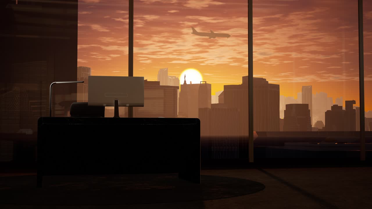 Office Desk with City Sunset View