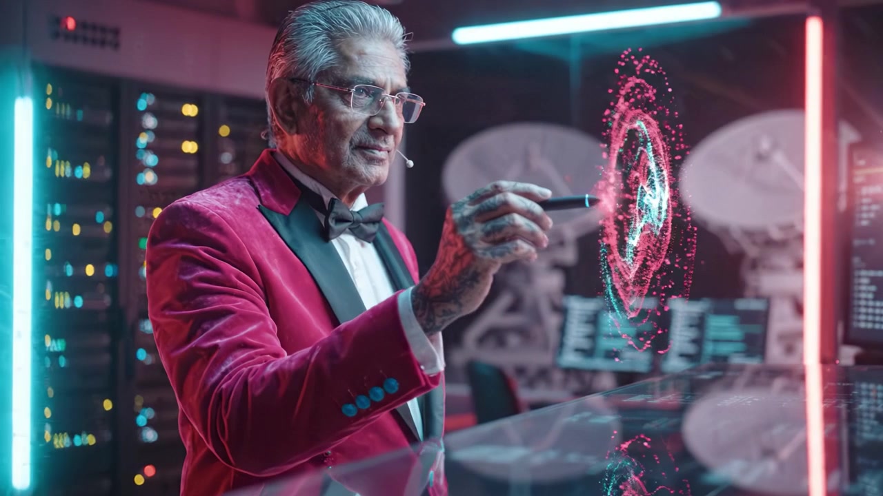 Un caballero mayor con un esmoquin rojo vibrante, interactuando digitalmente, manipulando datos holográficos en medio de un telón de fondo de alta tecnología sofisticada.
