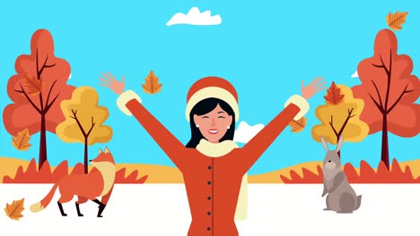 hello autumn animation with beautiful woman and animals