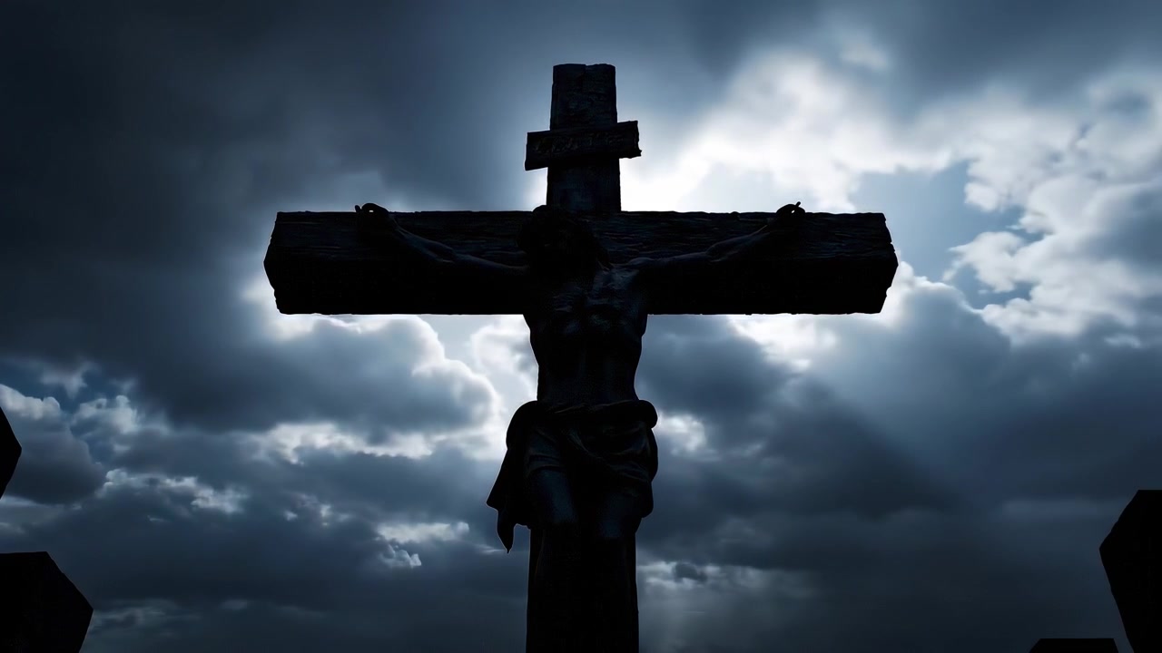 Silueta dramática de Jesús en la cruz con rayos de luz entre las nubes