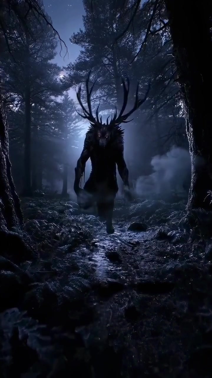 Creatura fantasy oscura con palchi che cammina attraverso una foresta nebbiosa di notte