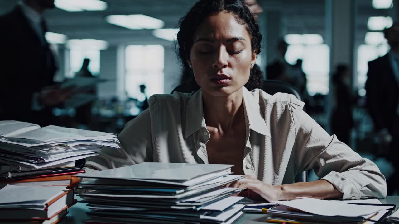 A stressed woman in an office, surrounded by piles of paperwork. Shot from a low angle
