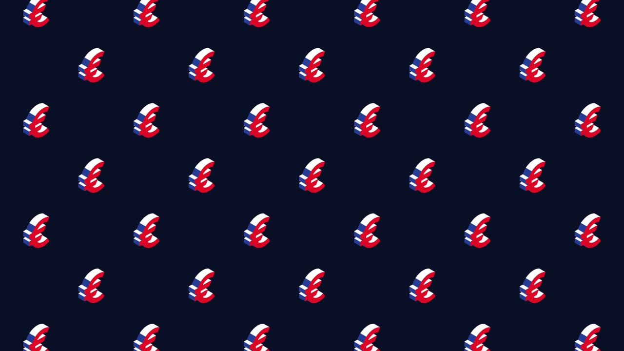 moneda europea euro símbolos isométricos en un patrón animado sobre un fondo oscuro. animación de bucle sin costuras