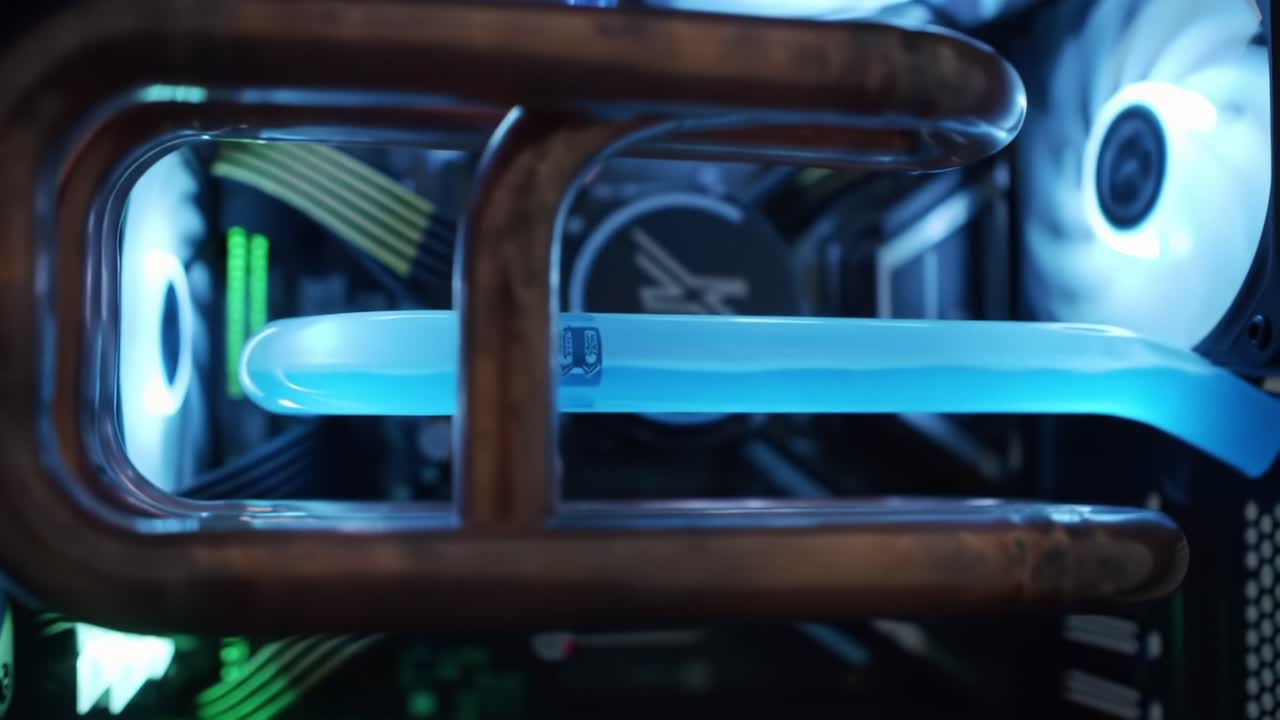 Close-Up View of High-Performance Liquid Cooling System in a Custom Gaming PC Featuring Innovative Tubing Design and LED Lighting