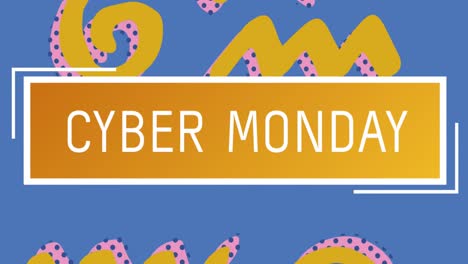 Animation-of-cyber-monday-text-on-yellow-banner,-pink-pink-and-yellow-shapes-on-blue-background