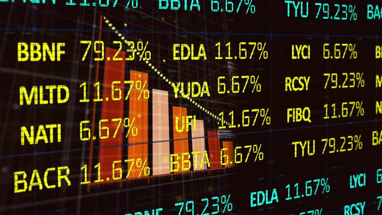 Animazione dell'elaborazione di dati finanziari su sfondo nero