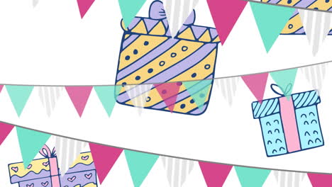 animación de decoraciones y regalos que caen sobre un fondo blanco