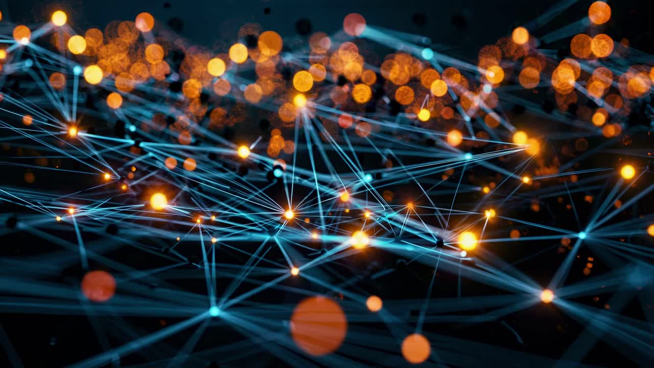 Abstract video concept with glowing network lines and bokeh lights