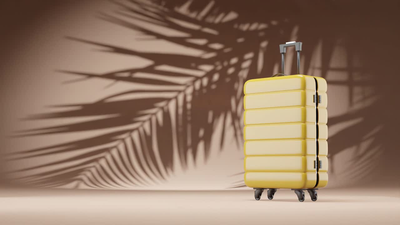 vacanza vacanza concetto 3d rendering animazione di valigia bagagli con foglia di palma in sfondo giallo ombra